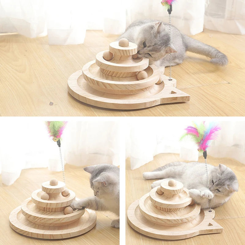 3-Level Wooden Cat Toy Tower – Interactive Track & Ball