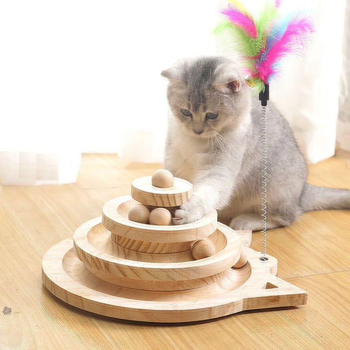 3-Level Wooden Cat Toy Tower – Interactive Track & Ball