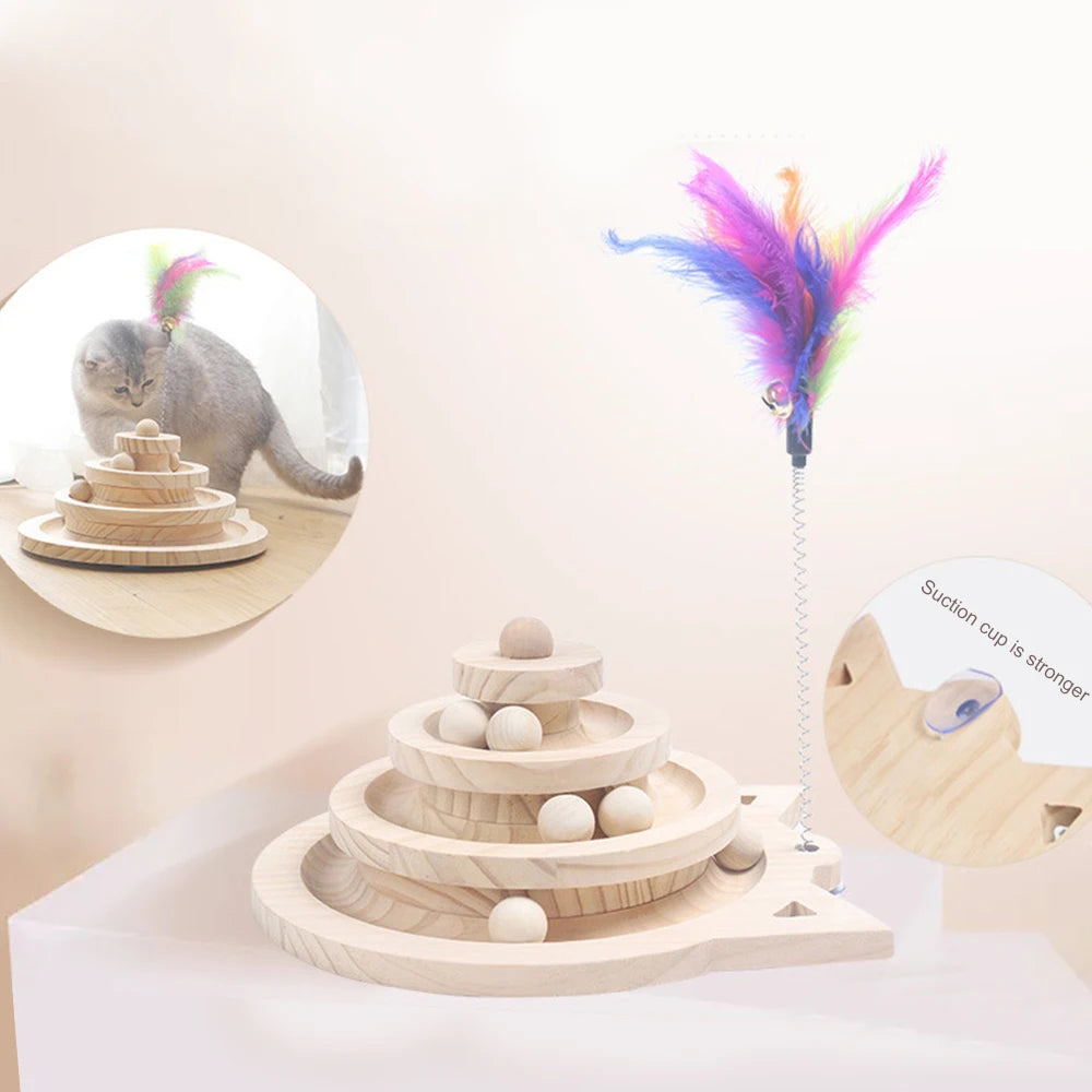 3-Level Wooden Cat Toy Tower – Interactive Track & Ball