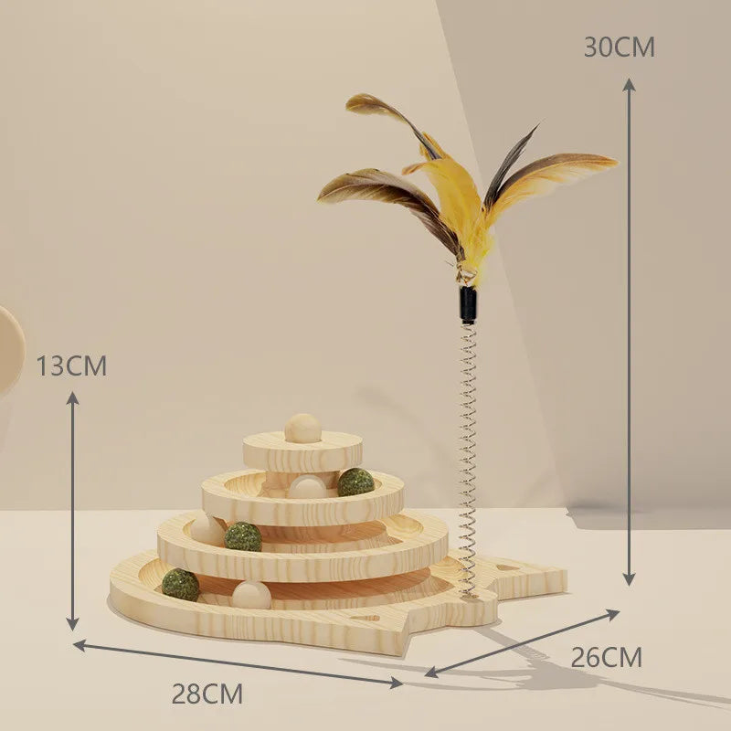 3-Level Wooden Cat Toy Tower – Interactive Track & Ball